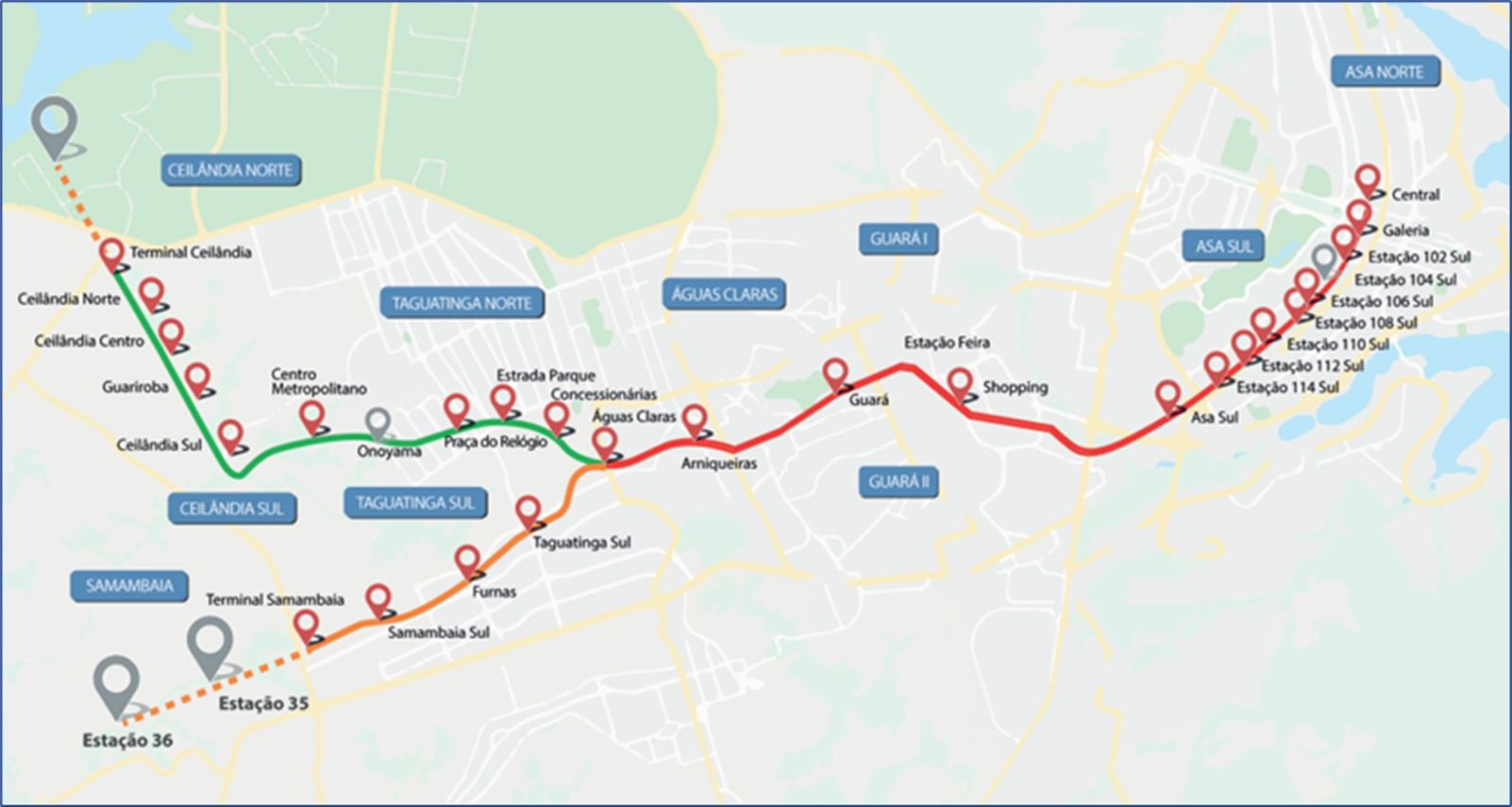 Arte colorida dos locais onde passa e passará metrô no DF - Metrópoles