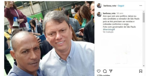 Print mostra postagem de Barbosinha no Instagram com foto ao lado do governador Tarcísio de Freitas - Republicanos