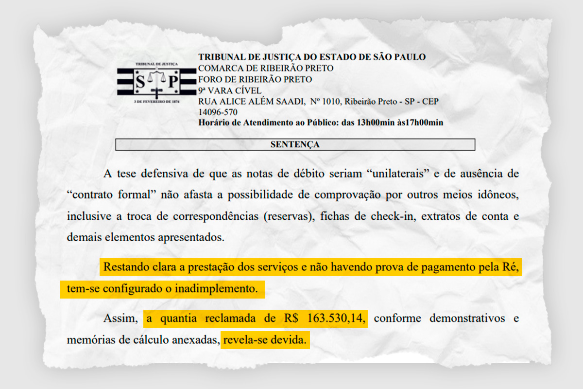 Trecho da decisão que condenou VoePass por calote em rede de hotéis