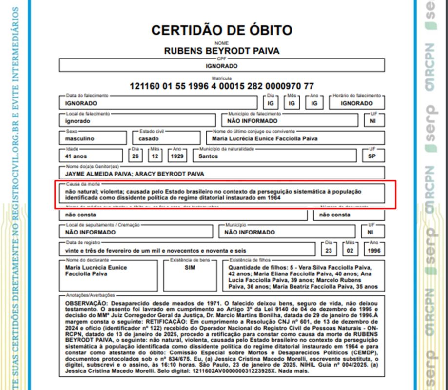 Imagem de certidão de óbito de Rubens Paiva 