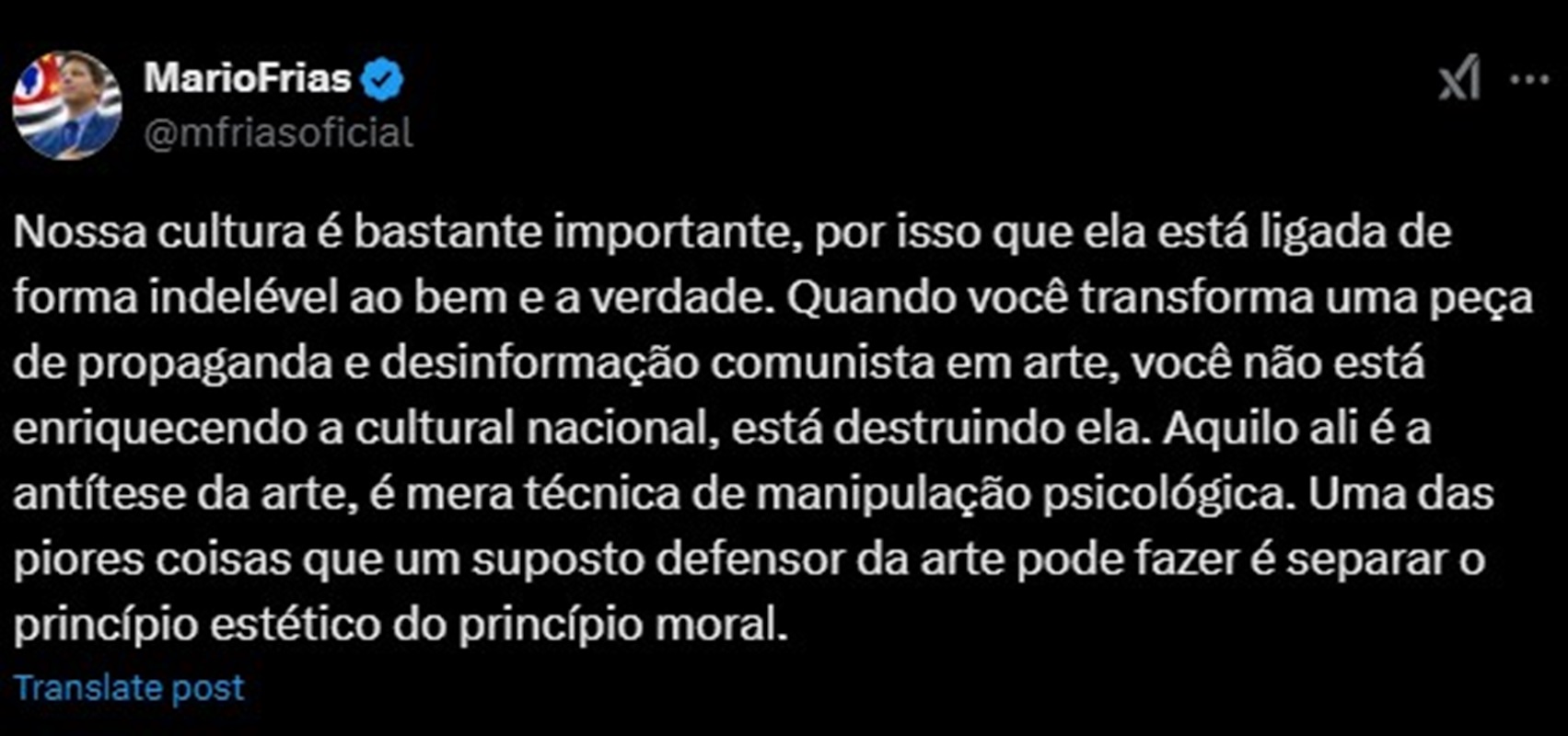 Print screen do tweet do Mario Frias sobre Ainda Estou aqui - Metrópoles