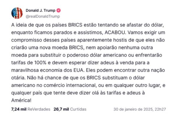 Print de publicação de Donald Trump no Truth Social - Metrópoles