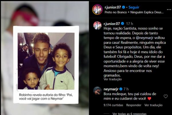 Imagens coloridas mostram postagem no Instagram com texto do lado direito e foto de Neymar com dois meninos, do lado esquerdo