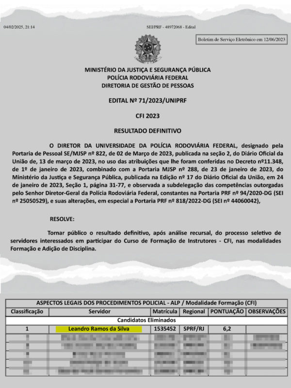 Informe interno da PRF comunicando a lista dos agentes eliminados do Curso de Formação de Instrutores (CIF), em 2023