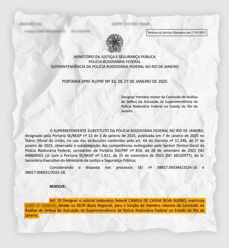 PRF Camila Bueno foi designada para uma função burocrática para avaliar contestações de autos de infração aplicados pela corporação