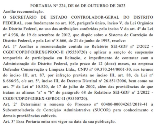 Decisão no DODF de tornar a Defender inidônea