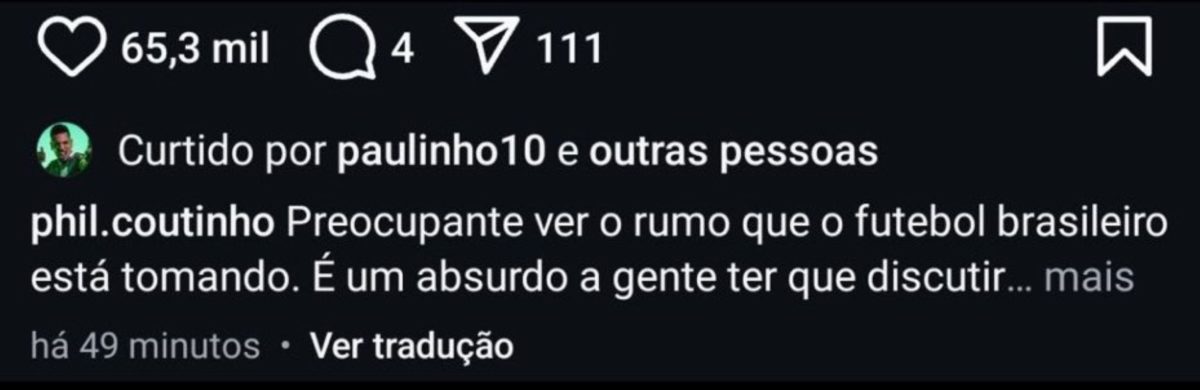 Imagem colorida de curtida de Paulinho em post que detona gramado do Palmeiras- Metrópoles