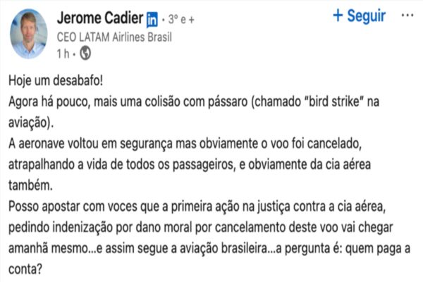 Imagem colorida, Avião da Latam colide frontalmente com pássaro no Rio e voo é cancelado - Metrópoles