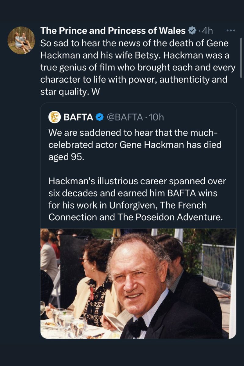 Postagem do príncipe William sobre morte do ator Gene Hackman