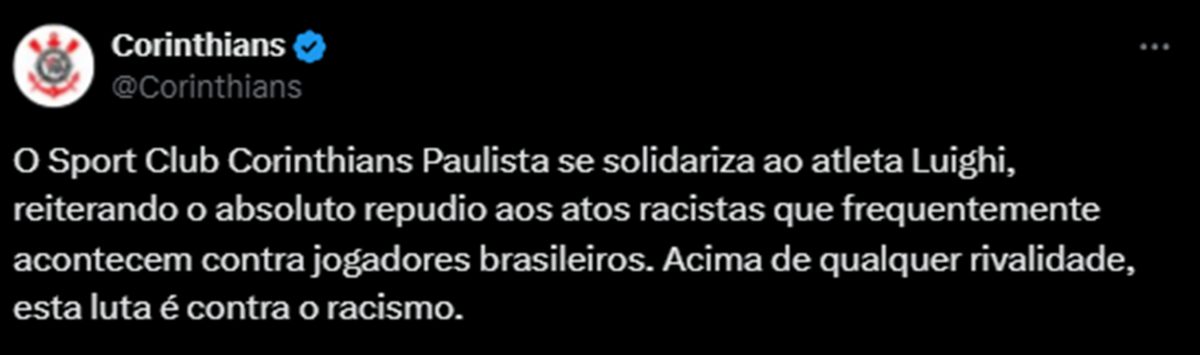 Print do Corinthians se solidarizando com o Palmeiras - Metrópoles