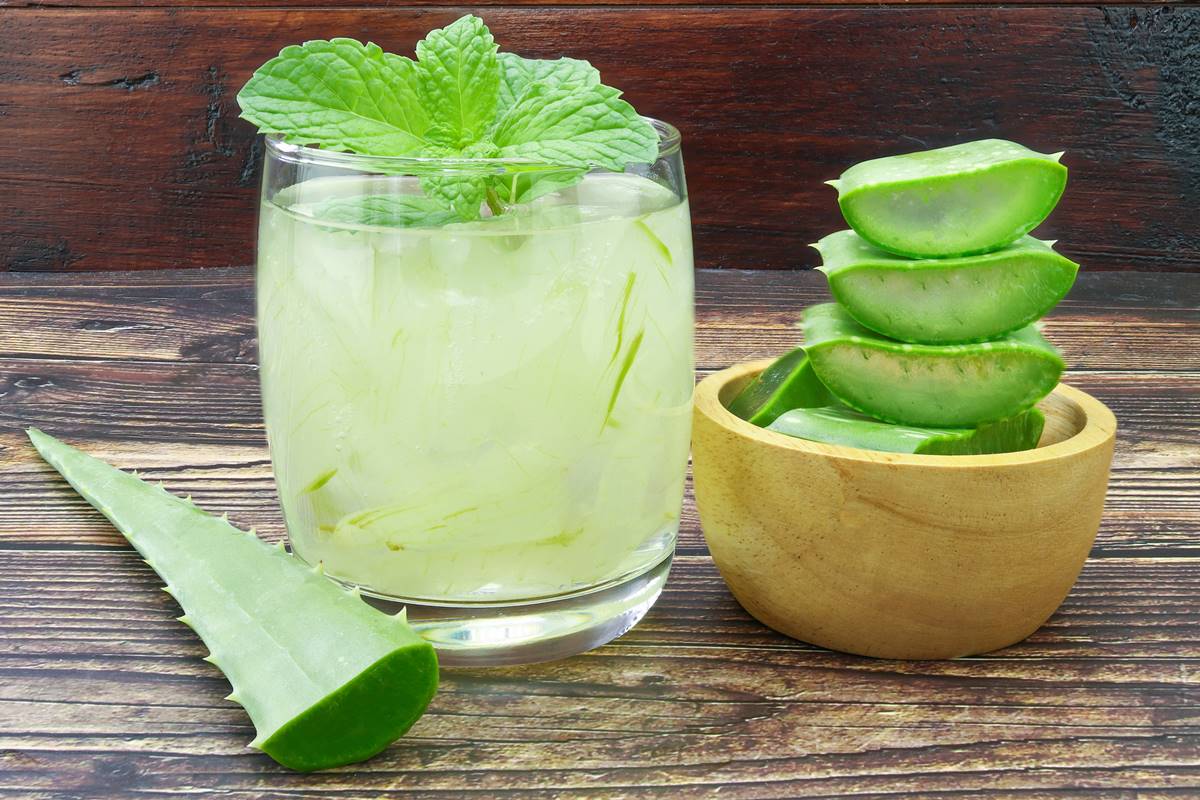 Foto colorida de copo com suco de babosa e aloe vera em tigela - Metrópoles