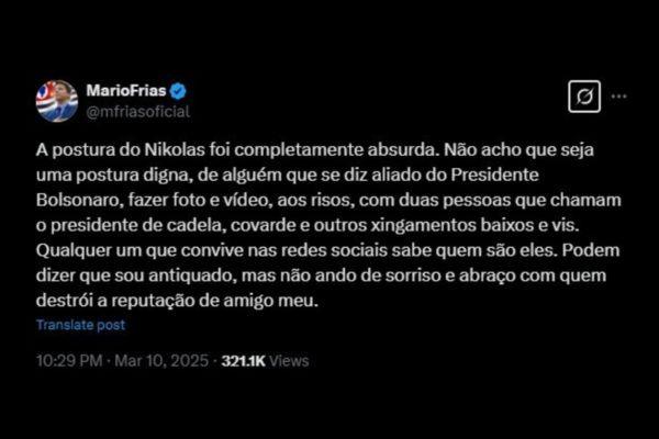 Imagem colorida de tweet criticando deputado Nikolas Ferreira - Metrópoles