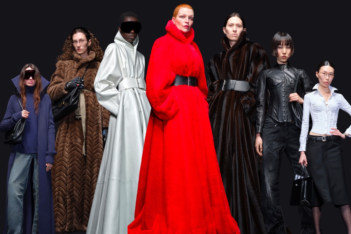 A imagem mostra diversos visuais da coleção de outono da grife Balenciaga