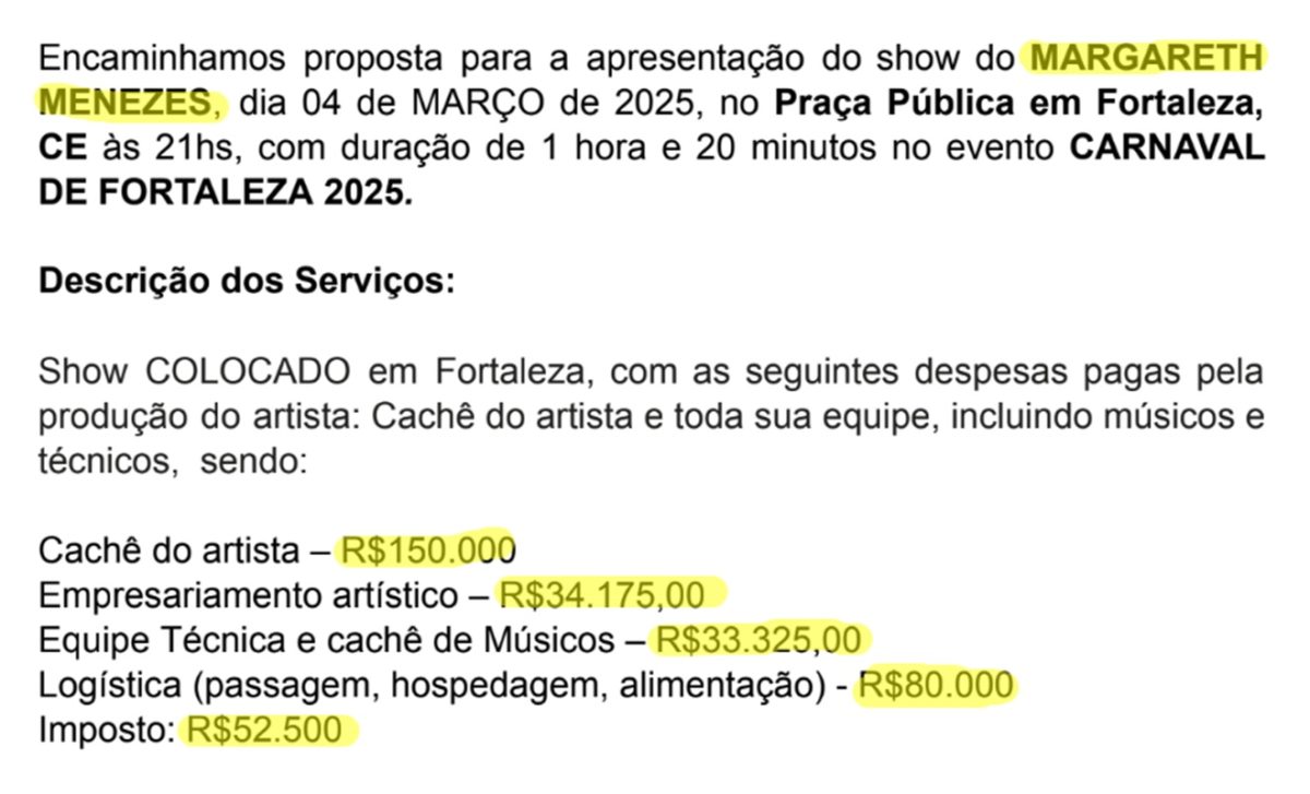 Trecho da proposta enviada por equipe de Margareth Menezes e aceita pela Prefeitura de Fortaleza para show em Carnaval