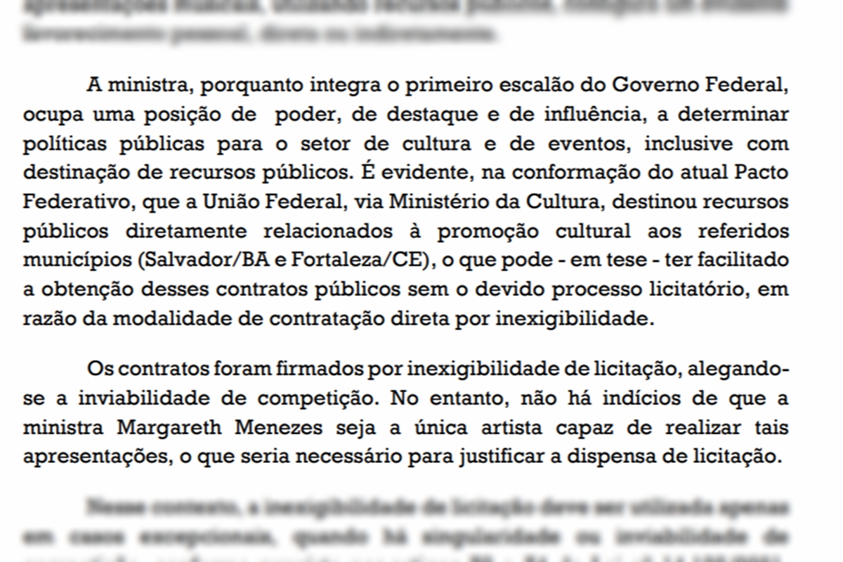 Trecho da Ação Popular que pede que Margareth Menezes e a produtora dela devolva o dinheiro aos cofres públicos