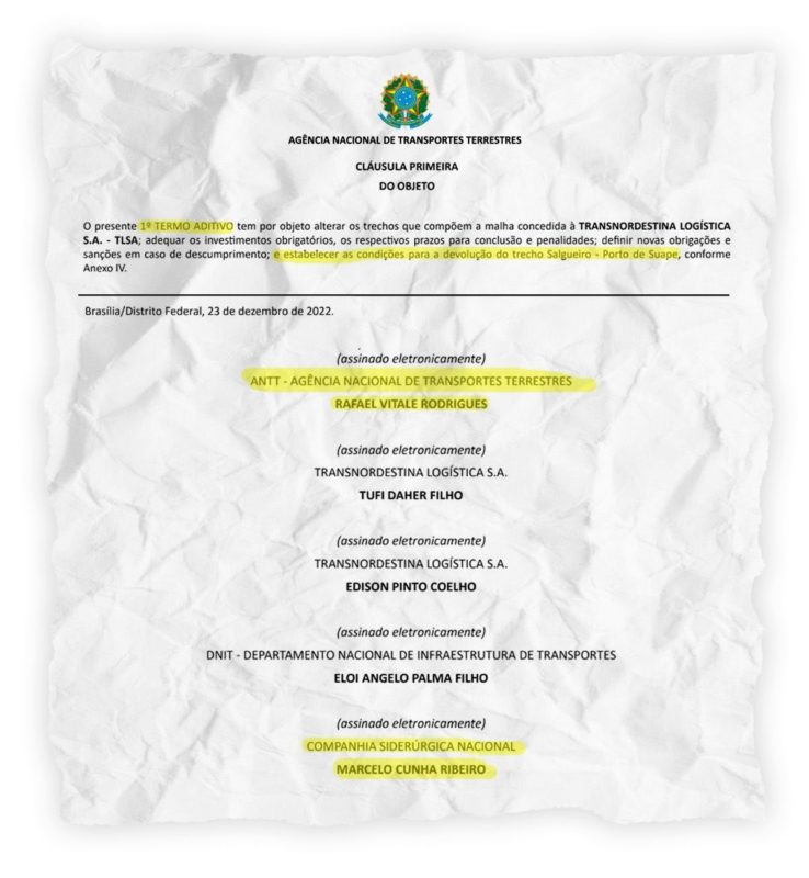 Termo aditivo assinado por Rafael Vitale, então diretor-geral da ANTT, poupou CSN de prejuízo de R$ 3 bilhões