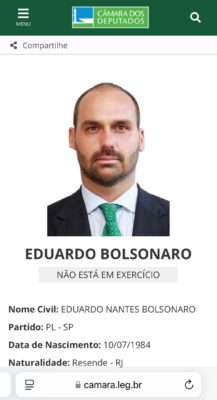 Foto colorida mostra perfil do deputado federal Eduardo Bolsonaro (PL-SP) na página da Câmara dos Deputados - Metrópoles