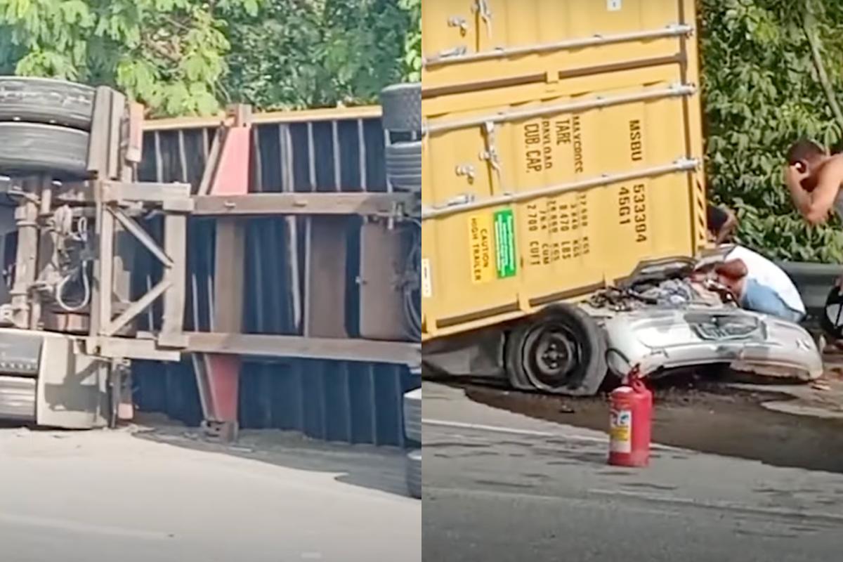 Vídeo: carreta tomba, esmaga carro e deixa 3 mortos em rodovia de SP