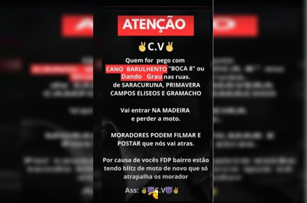 CV ameaça surrar quem der “grau” em moto no RJ: “Blitz atrasa tráfico”