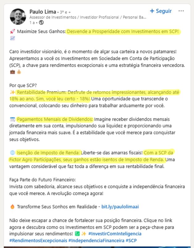 Assessor promete retorno de 18% em investimentos sobre SCPs da Fictor