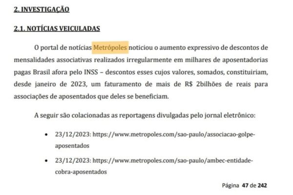 Foto colorida de documento que mostra que reportagens do Metrópoles deram origem ao inquérito da PF sobre as fraudes do INSS - Metrópoles