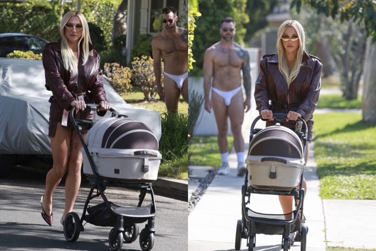 De tanga, vizinho de Kesha invade fotos de paparazzi da cantora