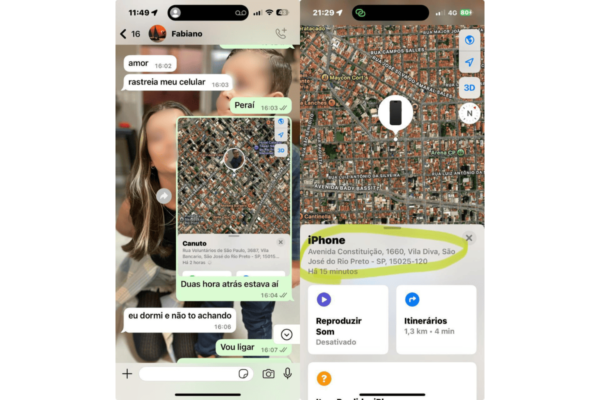 Colagem colorida de uma conversa de Whatsapp e uma localização de celular - Metrópoles
