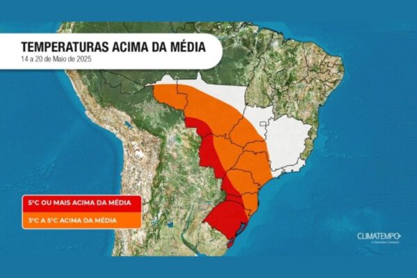 Imagem colorida de mapa do Brasil com estados onde serão registradas temperaturas acima da média