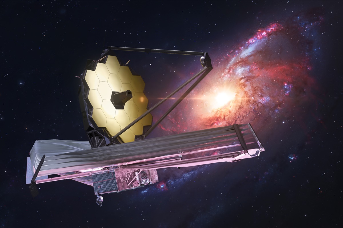 Ilustração colorida do telescópio espacial James Webb - Metrópoles