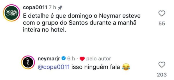 Foto colorida de post no instagram com comentário de Neymar - Metrópoles