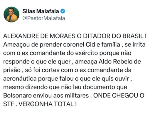Postagem do pastor Silas Malafaia