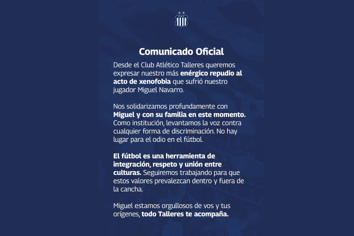 Talleres se pronuncia sobre episódio xenofóbico contra jogador do time