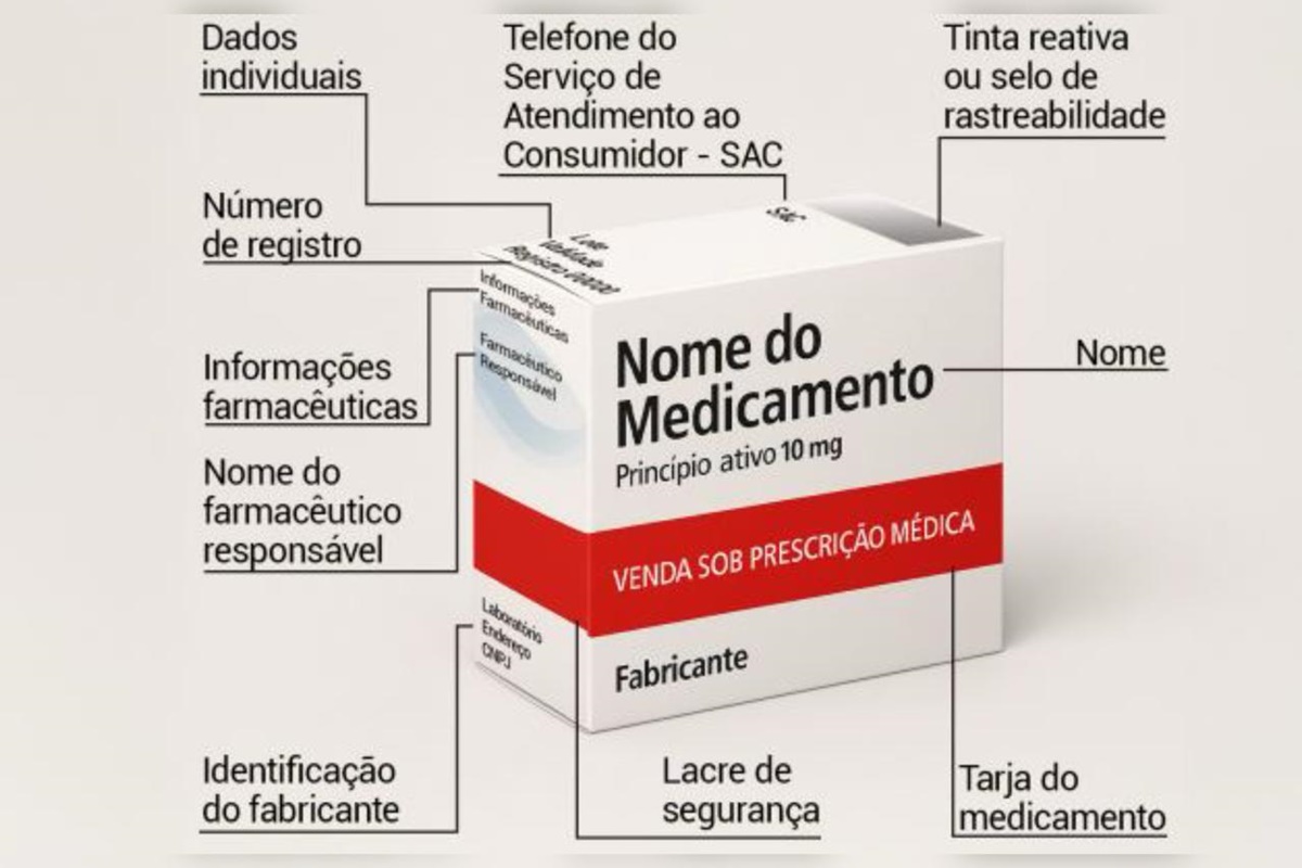 Ilustração colorida apontando cada parte da caixa de remédio - Metrópoles