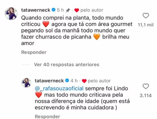 Print de um comentário de Tatá Werneck no Instagram - Metrópoles