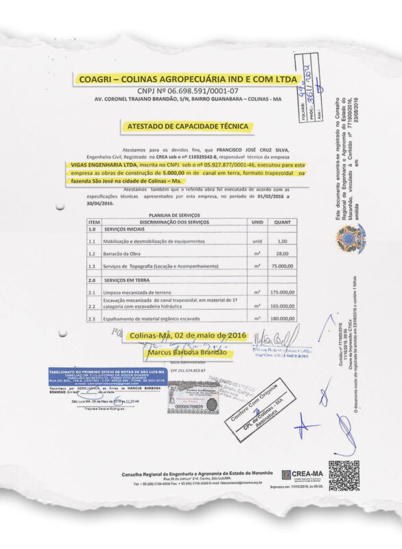 Atestado de capacidade técnica assinado por Marcus Brandão em favor da Vigas Engenharia