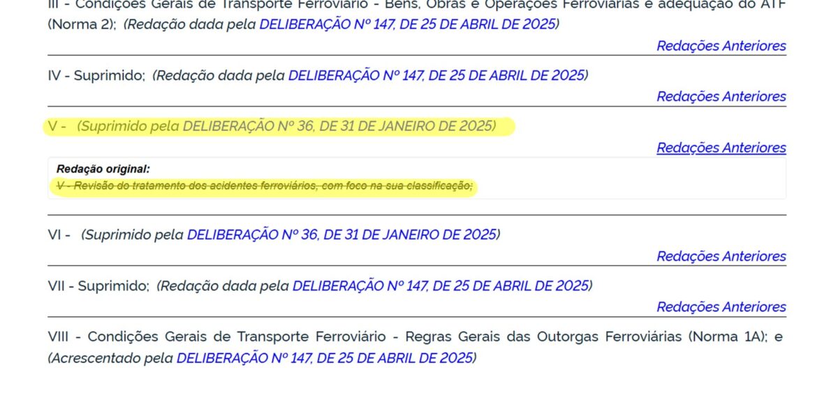 Documento mostra que revisão do tratamento dos acidentes ferroviários, com foco na sua classificação, foi suprimido da agenda regulatória da ANTT