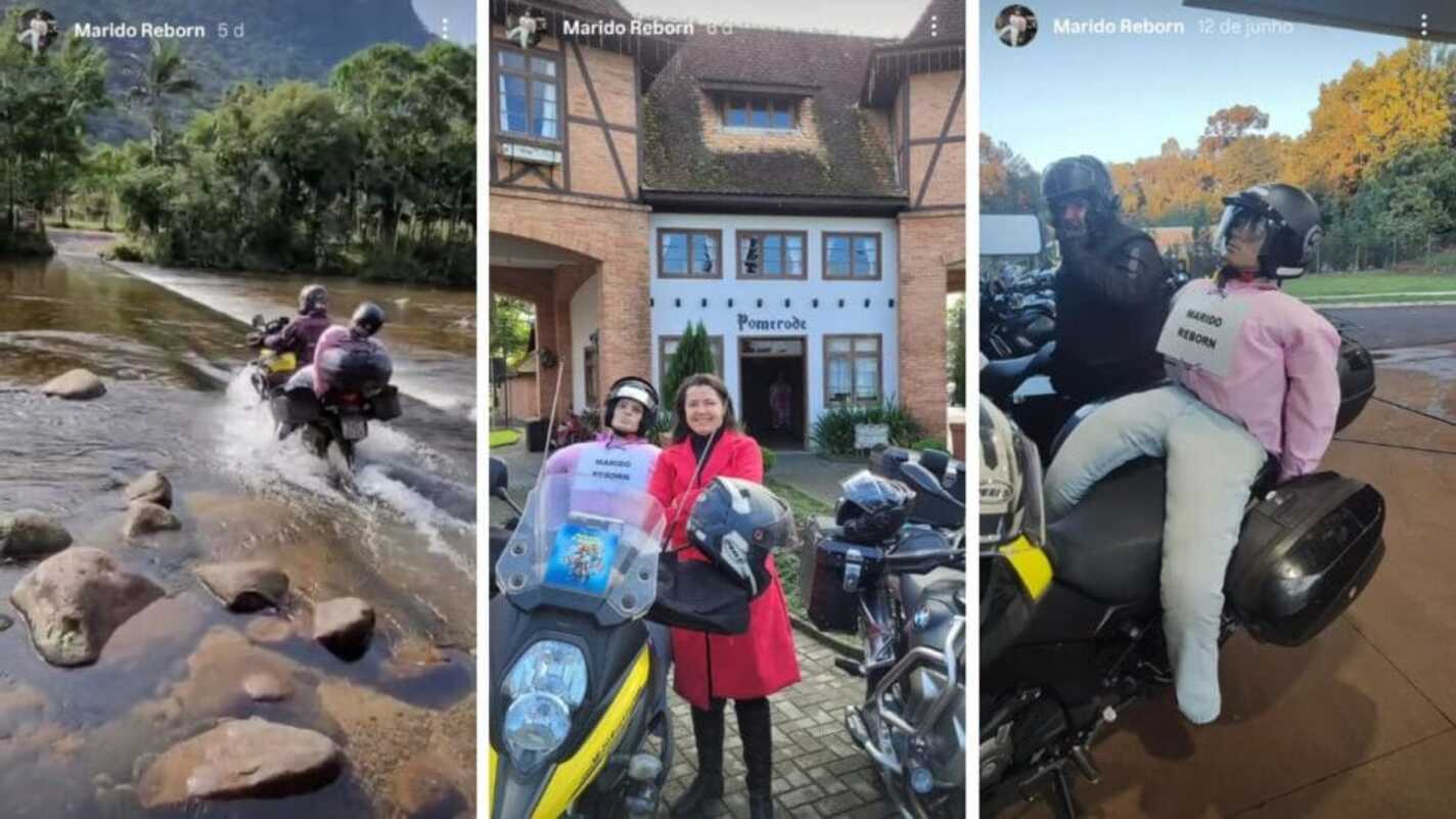 Turista leva “marido reborn” na garupa de moto e provoca risadas. Veja
