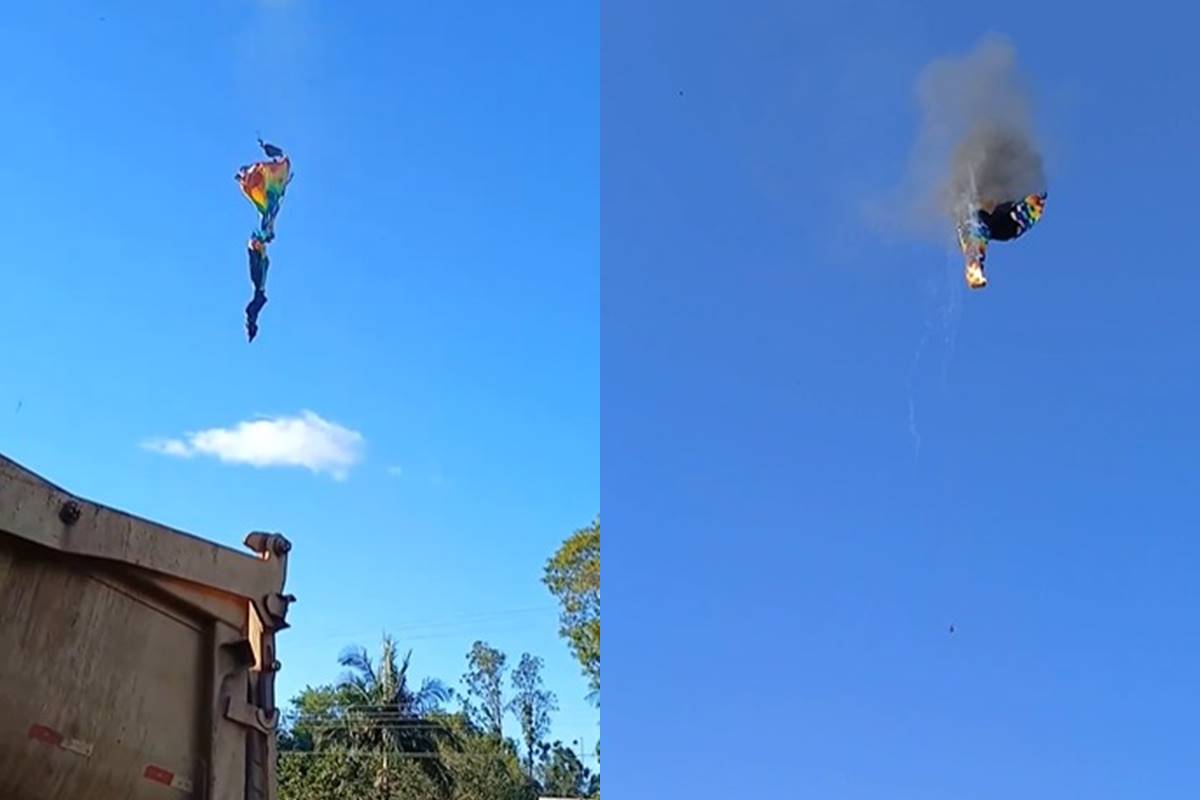 Veja vídeo do momento em que balão pega fogo e cai em Santa Catarina