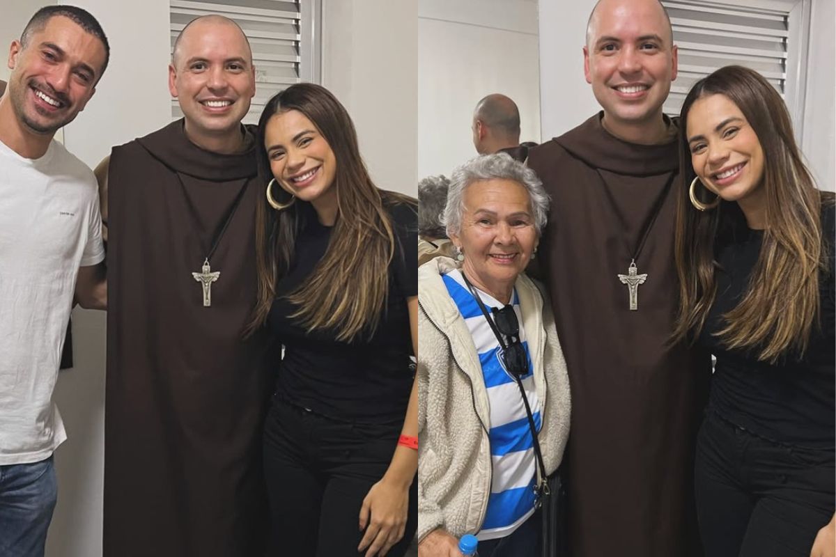 montagem colorida de lexa, marido e avó com Frei Gilson