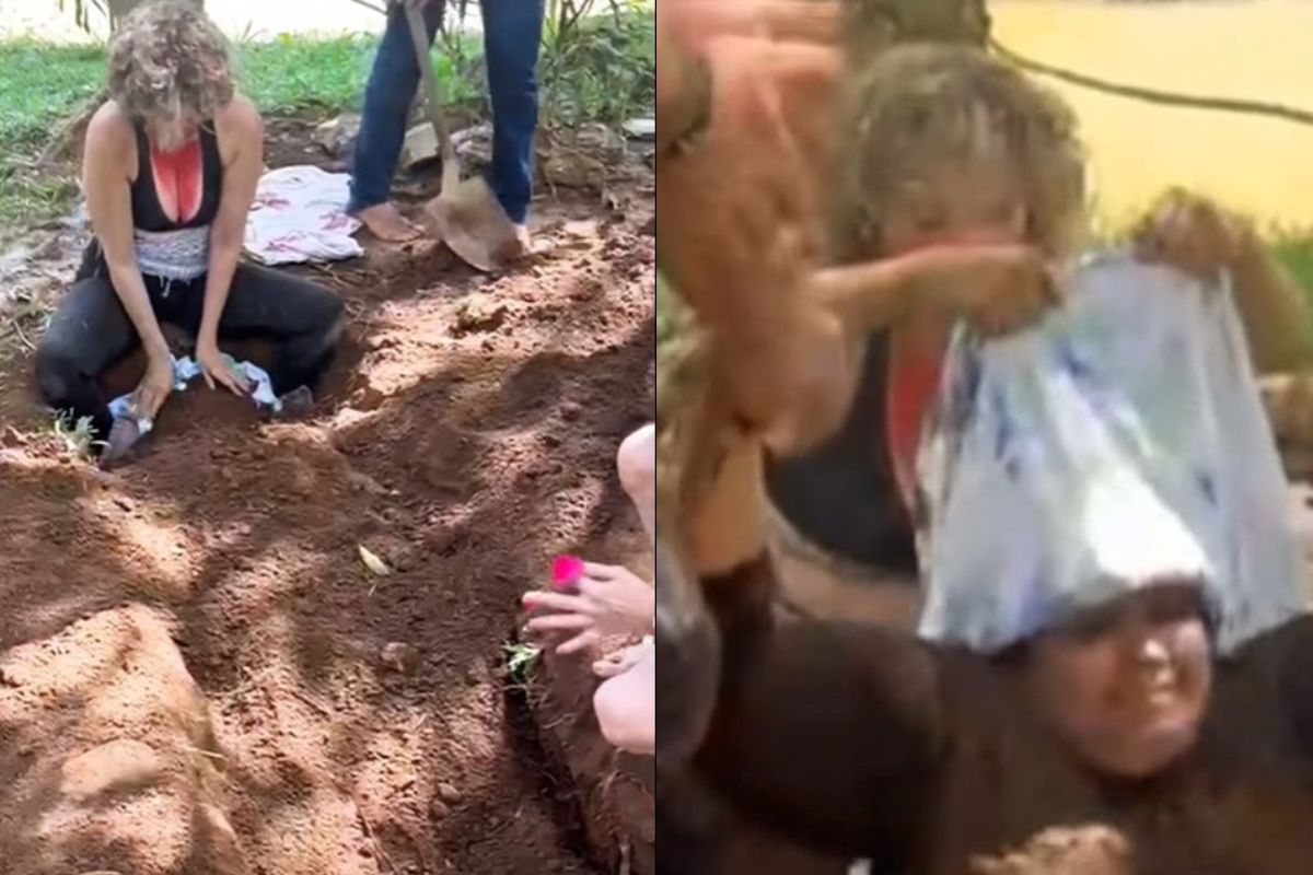 montagem colorida de mulher sendo desenterrada 