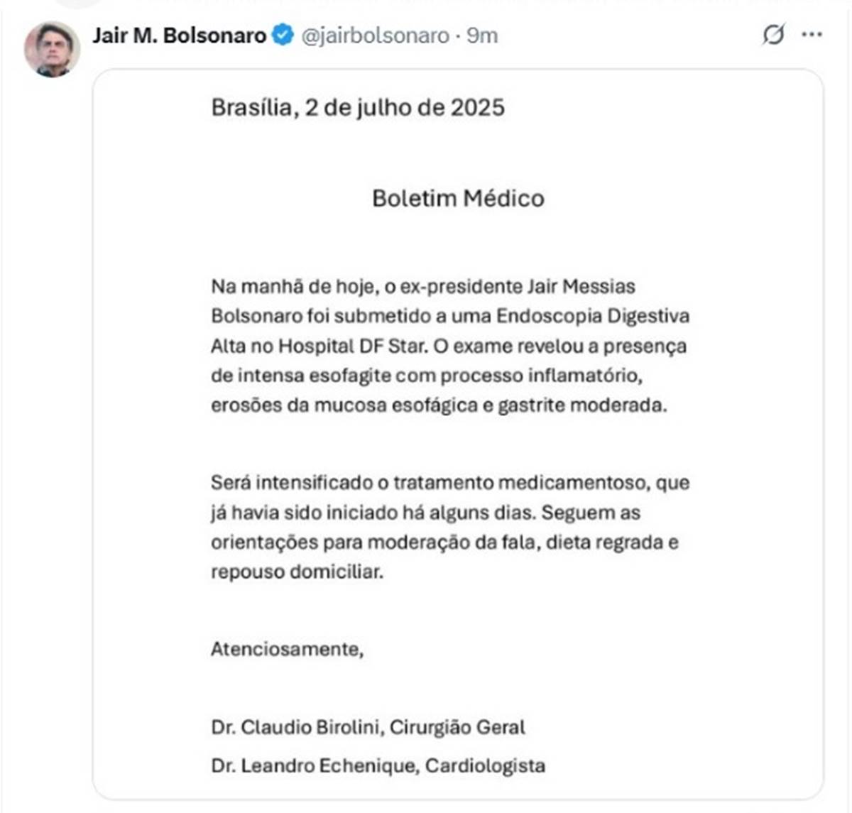 Boletim médico de Jair Bolsonaro
