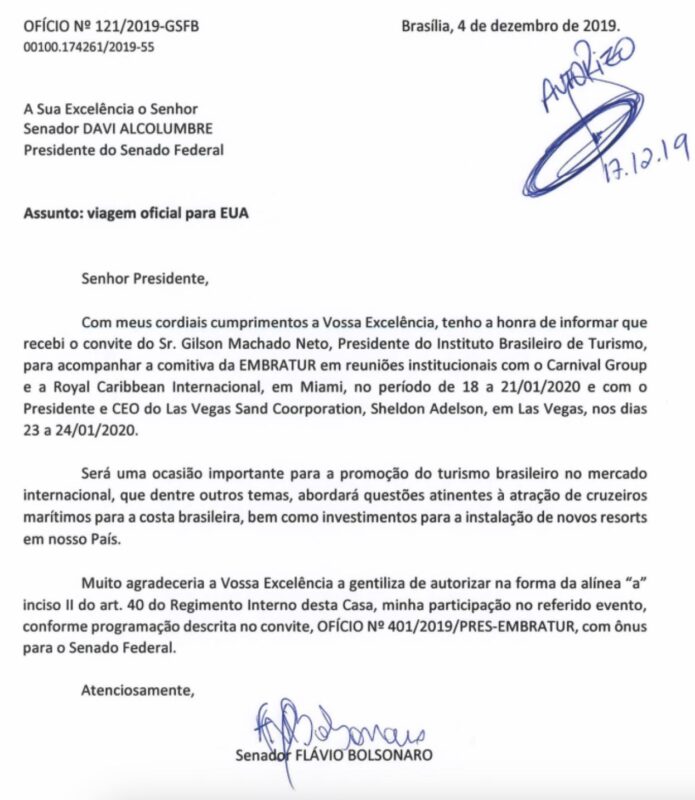 Oficio de Flavio Bolsonaro sobre viagem aos EUA 