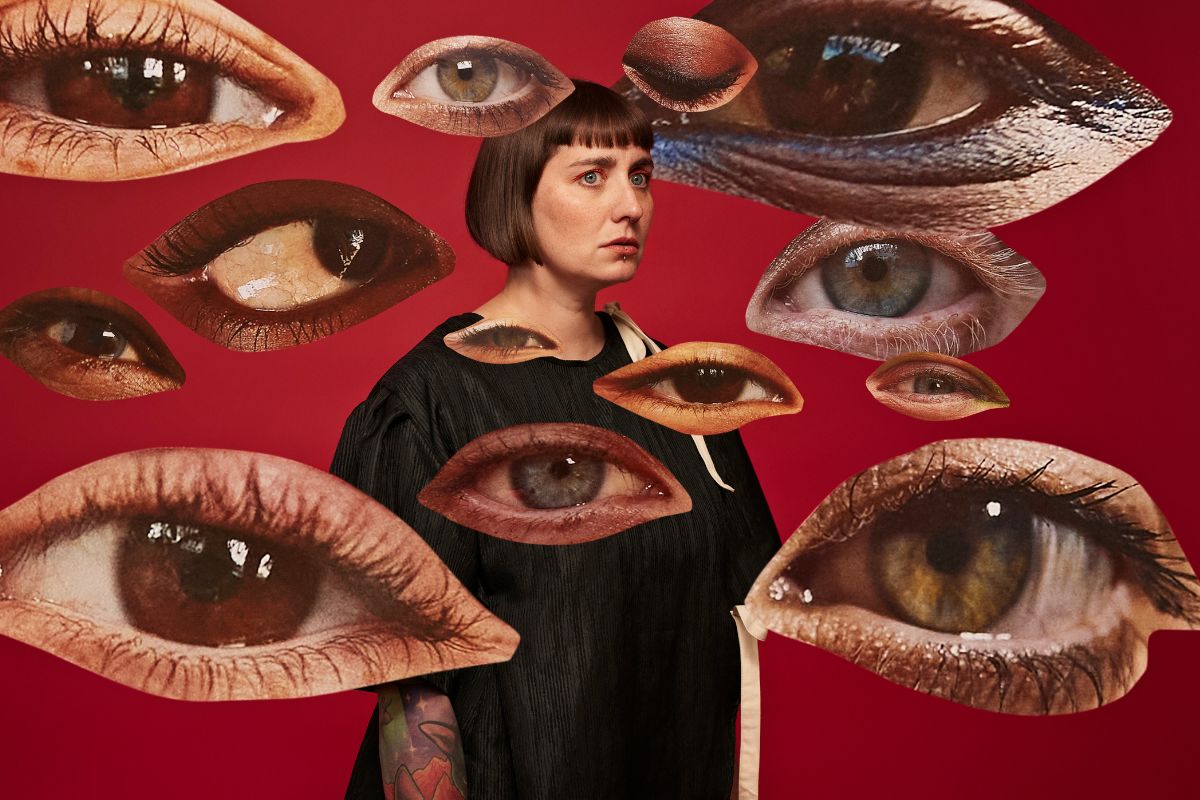 color photo with woman in the center and several eyes spread out
