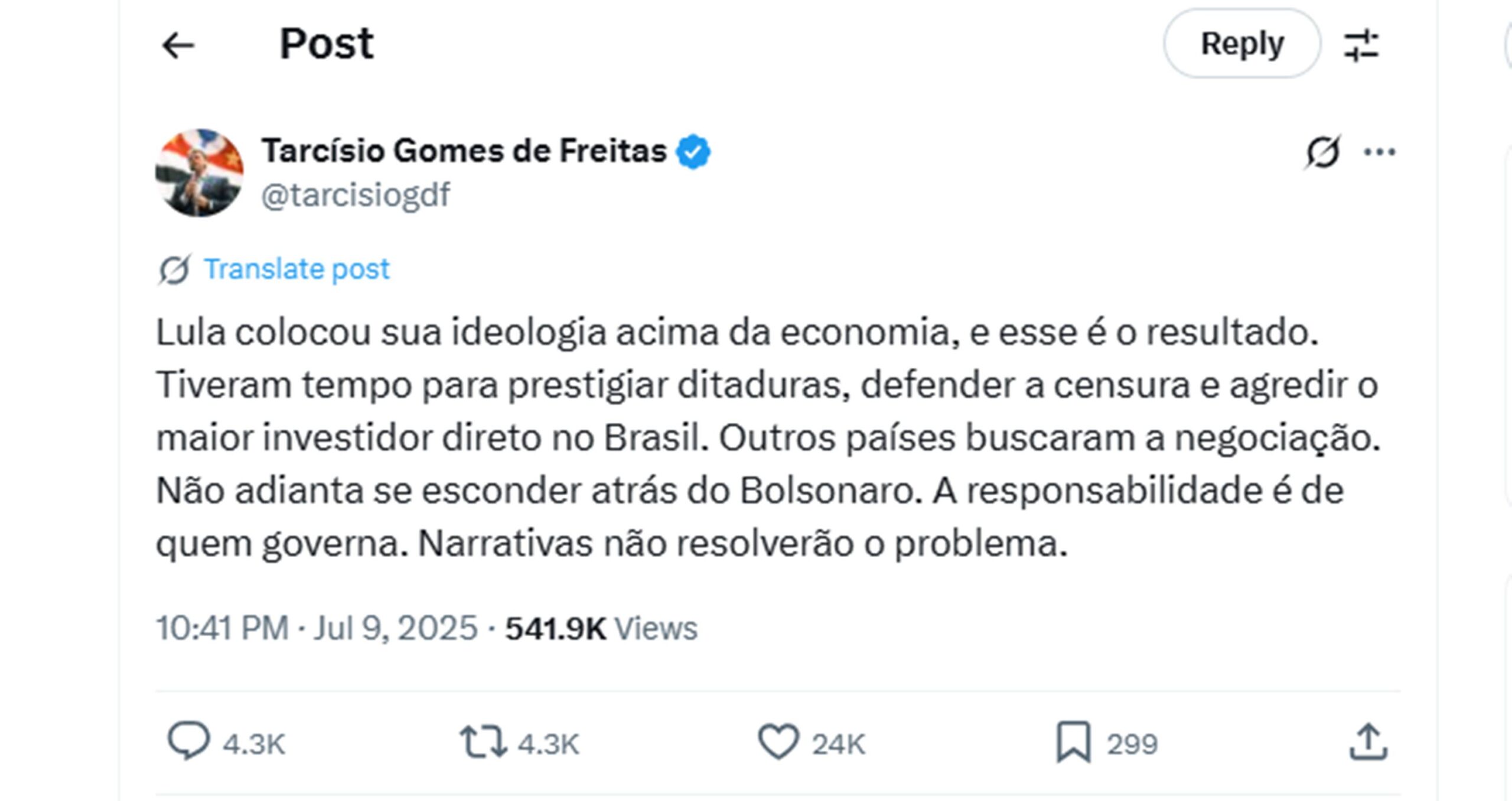 Postagem de Tarcísio de Freitas no X