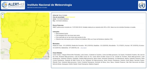 Foto colorida alerta do Inmet para umidade baixa