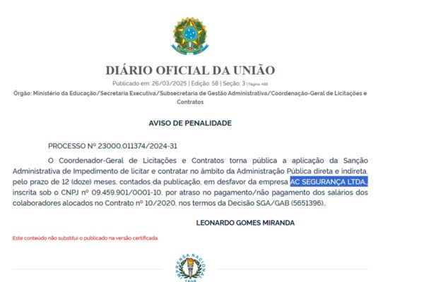 MEC publica punição a empresa de AC Segurança LTDA no Diário Oficial da União