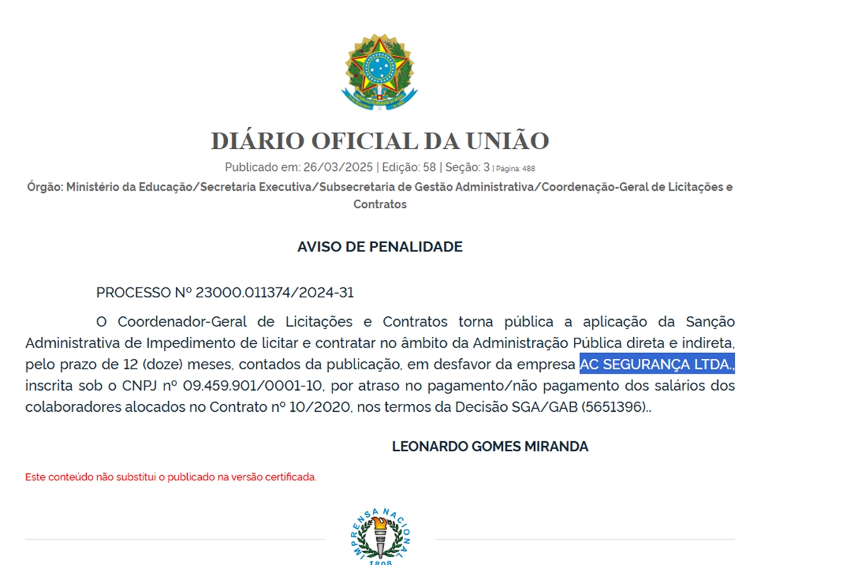 MEC publica punição a empresa de AC Segurança LTDA no Diário Oficial da União