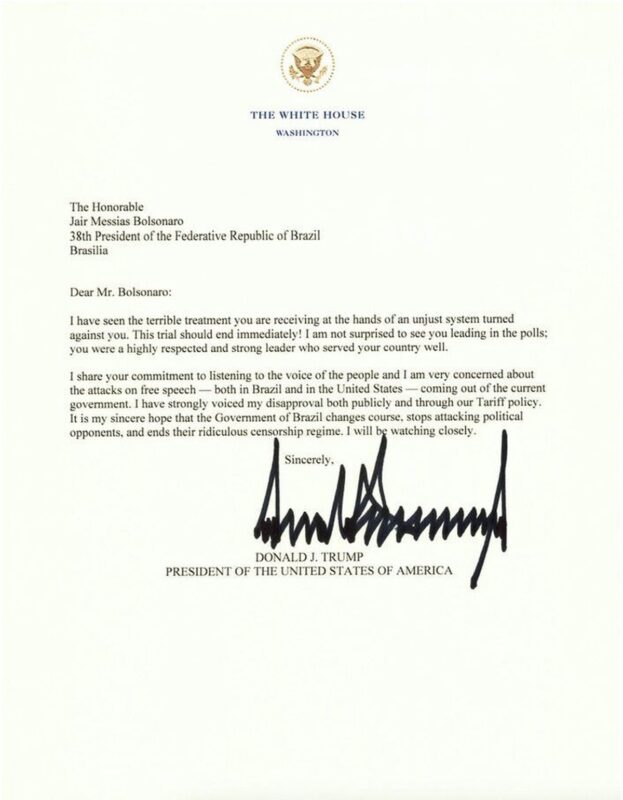 Imagem colorida mostra carta de Trump para Bolsonaro - Metrópoles