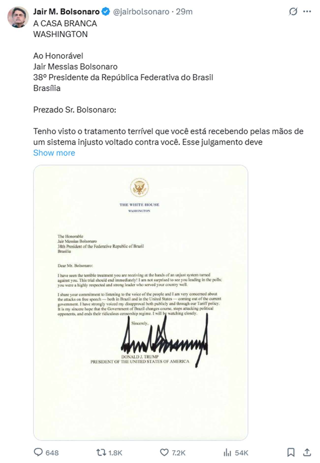 imagem colorida publicação de bolsonaro da carta de trump