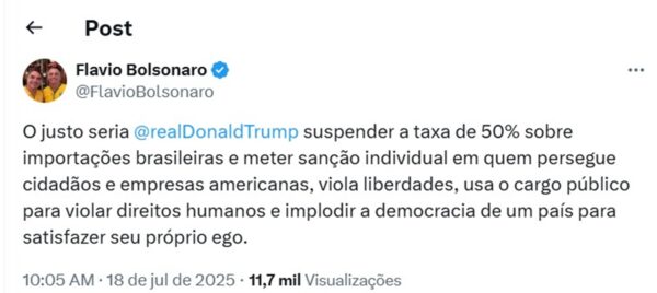 Imagem colorida de post publicado por Flávio Bolsonaro na rede X, após operação contra Bolsonaro
